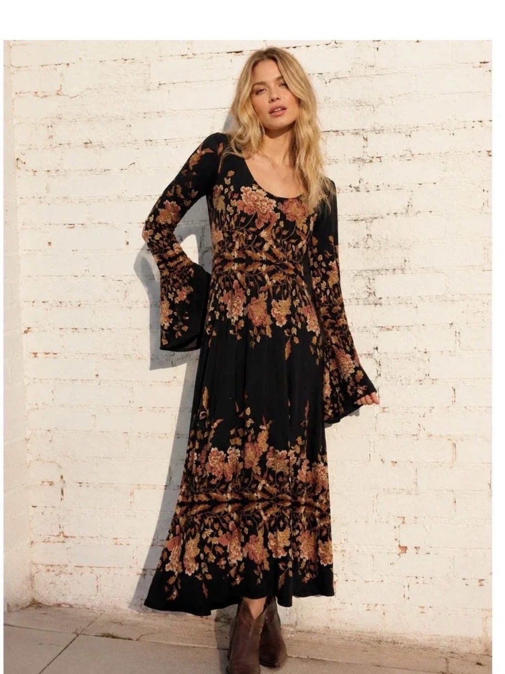 Free People Black Rayon Midnight Garden Floral Maxi Dress Boho